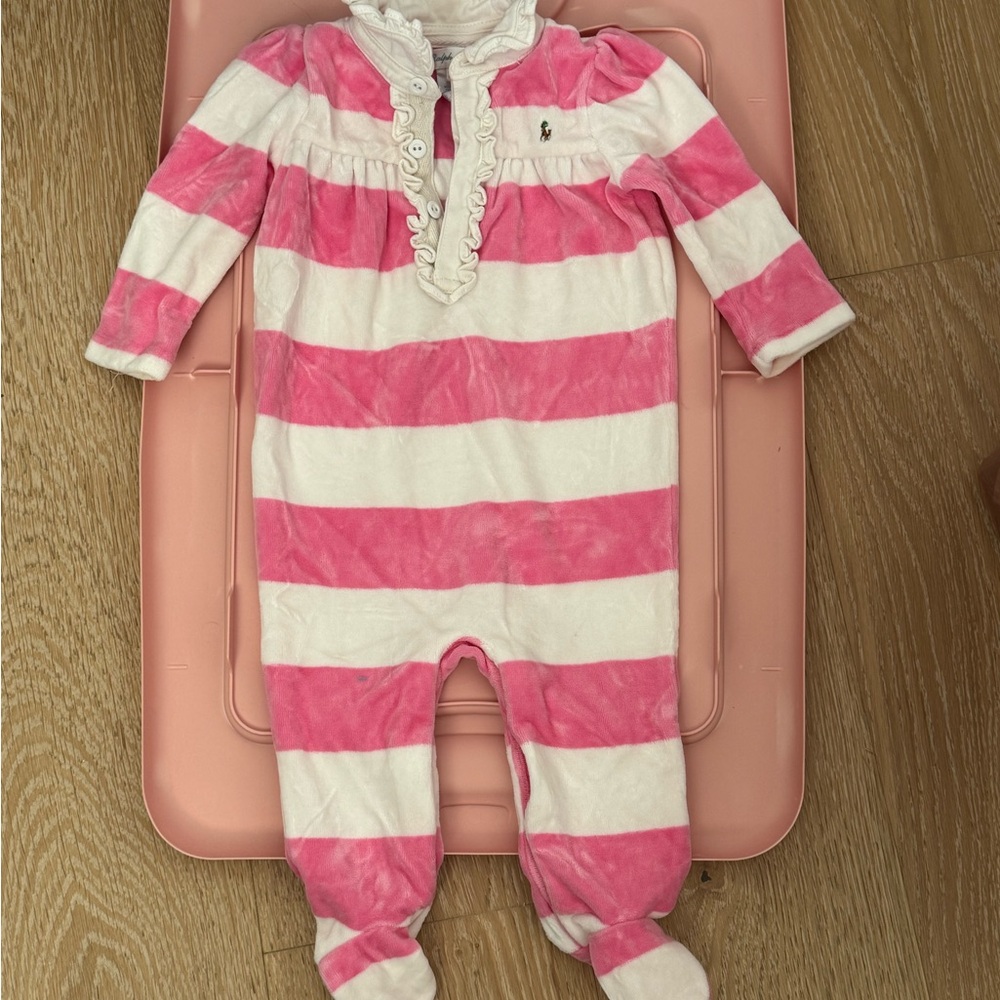 Ralph Lauren Pink and White Striped Velour Soft Footie